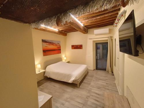 ein Schlafzimmer mit einem Bett und einem TV in einem Zimmer in der Unterkunft The View - Sunset & Relax - Suite - Appartamenti Vista Lago in Passignano sul Trasimeno
