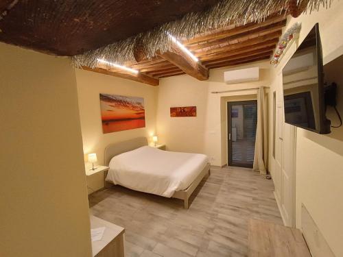 a bedroom with a bed and a television in a room at The View - Sunset & Relax - Suite - Appartamenti Vista Lago in Passignano sul Trasimeno