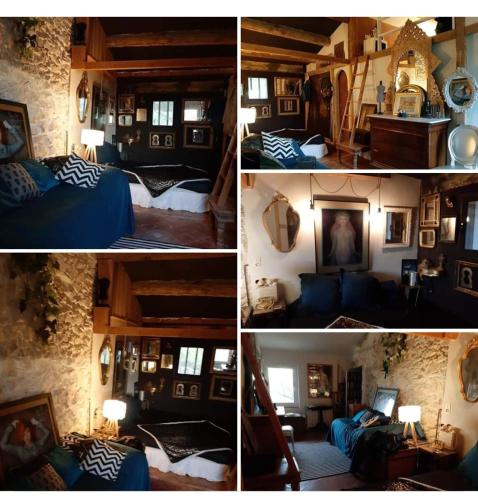 un groupe de quatre photos d'une chambre dans l'établissement Chez Ben et Rem, à Éguilles