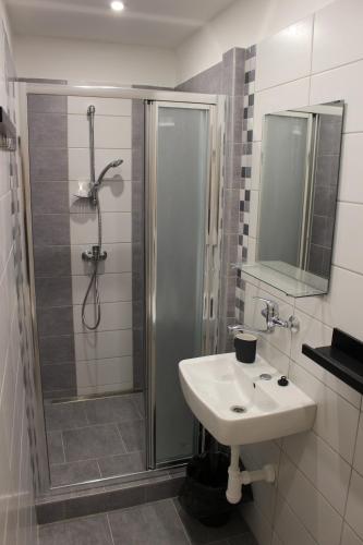 uma casa de banho com um chuveiro, um lavatório e um chuveiro em Hostinec a Penzion Staré Nádraží em Ostrava