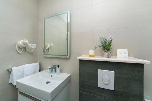 uma casa de banho com um lavatório e um espelho em Apartments Vila Nadalina Delux em Brela