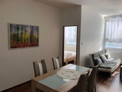 a dining room with a table and chairs and a mirror at Šluknov / the northernmost city of the czechia in Šluknov