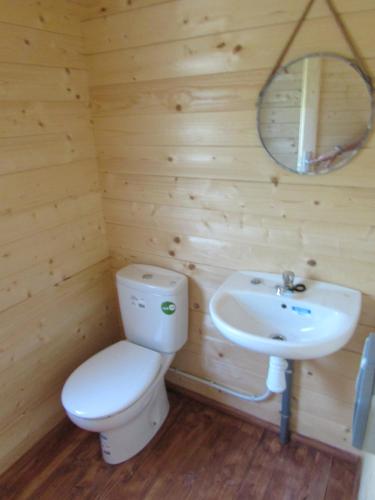 ein Holzbadezimmer mit einem WC und einem Waschbecken in der Unterkunft Camping Hoces de Mira in Mira