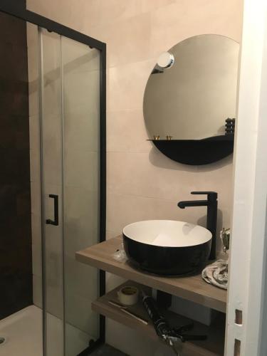 uma casa de banho com um lavatório e um espelho em L'appart 45 em Rodez