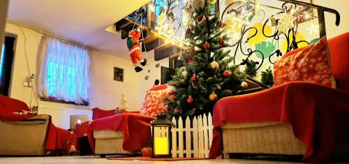 a christmas room with a christmas tree in the corner at happy pandasN12 in Borjomi