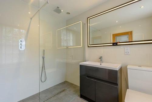 a bathroom with a shower and a sink and a mirror at Beech Bank - Georgian luxury near Hadrian’s Wall in Carlisle