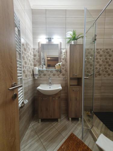 a bathroom with a sink and a shower at Harmony apartments in Mórahalom