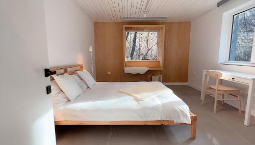 a bedroom with a bed and a desk and a window at Cabana Sapte in Breaza