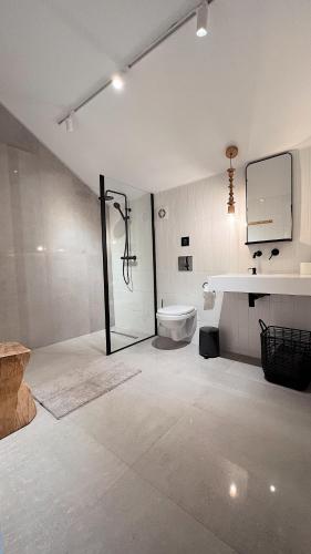 a bathroom with a toilet and a sink at Cabana Sapte in Breaza