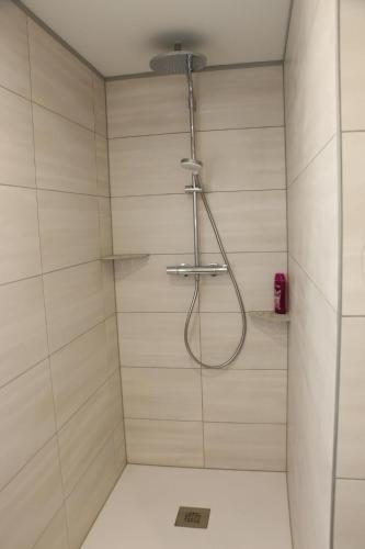 une douche avec pommeau de douche dans une salle de bain dans l'établissement La grange de LIZ&EL, à Osthouse