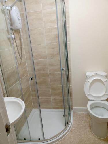a bathroom with a shower with a toilet and a sink at Sandringham House in Liverpool