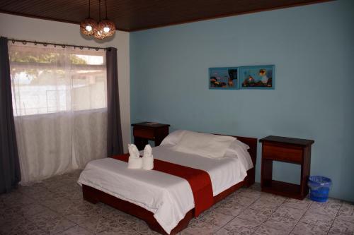 een slaapkamer met 2 bedden en een raam bij Hotel Samoa del Sur in Golfito