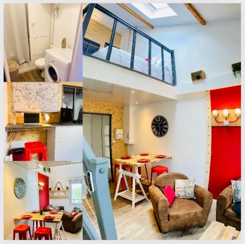 2 Bilder von einem Wohnzimmer und einem Esszimmer in der Unterkunft Duplex industriel - Centre ville Parking privé WIFI in Angers