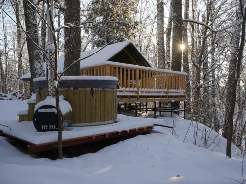 a cabin in the woods with snow on the ground at Mežurgu teltis in Dikļi