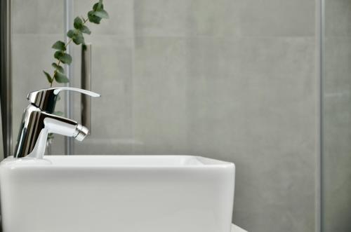 a bathroom sink with a faucet and a plant at Case Verdi in Bardonecchia