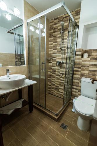 a bathroom with a shower and a sink and a toilet at Hotel Royal in Urziceni