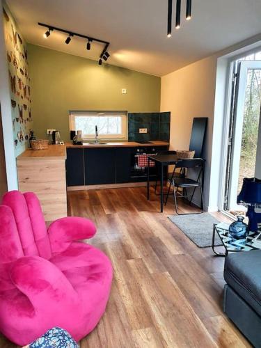 a living room with a pink chair and a kitchen at Domek Hrabiny nr 3 in Rozkochów