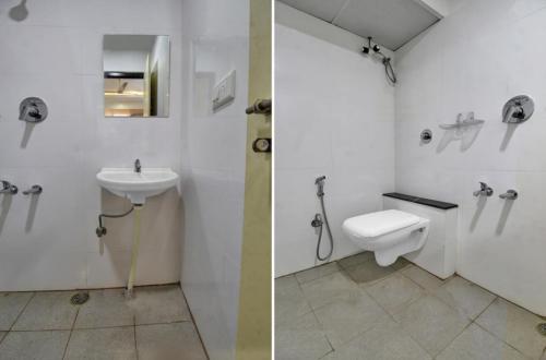 two pictures of a bathroom with a toilet and a sink at I Care With Greenery Comforts in Devanahalli-Bangalore