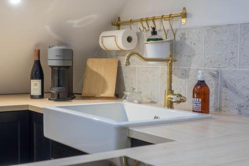 a kitchen counter with a sink and a bottle of wine at Appartement Lamotte-Beuvron in Lamotte-Beuvron
