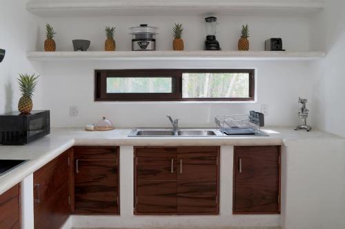 a kitchen with a sink and a window at Casa Marivan, Private Pier, Free Paddle Boards & Kayac in Bacalar