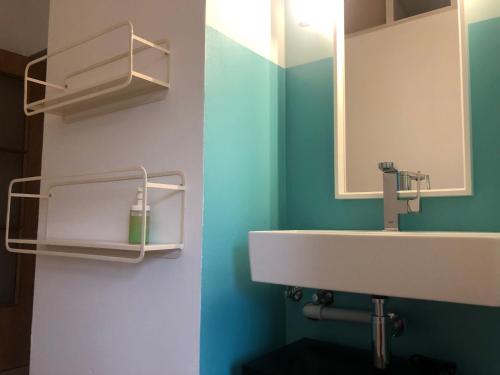 a bathroom with a sink and a mirror at Apartment in Gelb, mit Balkon, Kamin, 50 Schritte zu Radweg, ideal for Long Stay, 4 Singles in Single Rooms in Mainstockheim