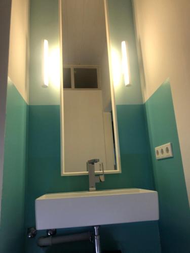 a bathroom with a white sink and a mirror at Apartment in Gelb, mit Balkon, Kamin, 50 Schritte zu Radweg, ideal for Long Stay, 4 Singles in Single Rooms in Mainstockheim