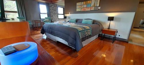 a bedroom with a large bed and a living room at Boutique Hotel & Spa Bosque del Nahuel in San Carlos de Bariloche