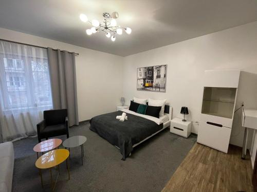 イノヴロツワフにあるStrefa Solanki - Villa Vita 6のベッドルーム(ベッド1台、椅子、テレビ付)