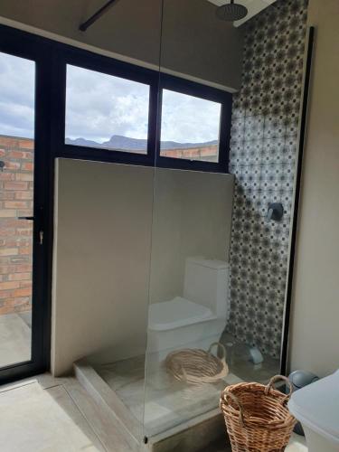 une douche en verre avec toilettes dans une chambre dans l'établissement Exhale Cottage, à Montagu