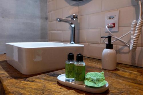 a bathroom with a sink and two bottles on a counter at Pousada Canto da Nascente in Monte Verde