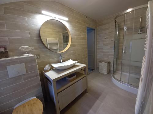 ein Bad mit einem Waschbecken, einem Spiegel und einer Dusche in der Unterkunft Kervig House Ty Laouen in Paimpol