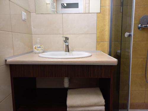 a bathroom with a sink and a shower at Pokoje Gościnne Jaga in Kielce