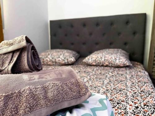 un lit avec deux oreillers dessus dans l'établissement Parking + piscine, tout confort, proche aéroport & mer, à Saint-Laurent-du-Var