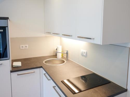 a small white kitchen with a sink and a counter at Apartments at Winterhafen in Linz
