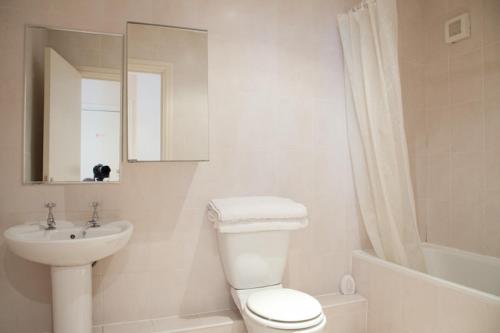 a bathroom with a toilet and a sink and a mirror at Apartments close Spurs stadion station 1 minute away in London