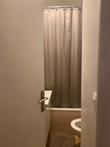 a bathroom with a toilet and a shower curtain at Appartement cozy in Montpellier