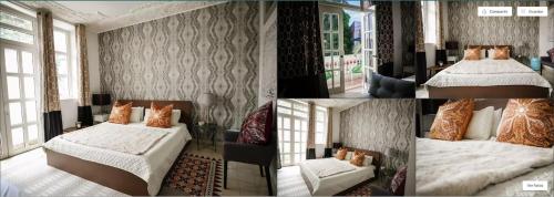 3 fotos de un dormitorio con cama y ventanas en AmazINN Places Rooftop and Jacuzzi I en Panamá