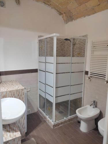 y baño con ducha, aseo y lavamanos. en Grazioso Loft vicino a San Giovanni e Metro C en Roma