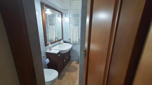 a bathroom with a sink and a toilet and a mirror at Piccoli Desideri Tra le Singolarità del Molise in Forlì del Sannio