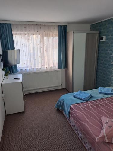 um quarto com uma cama e uma grande janela em Vila Lavinia em Buşteni