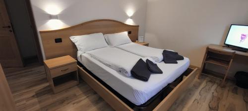 a bedroom with a bed and a desk with a television at Hotel Al Prato in Tonezza del Cimone