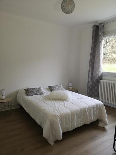 une chambre blanche avec un grand lit et une fenêtre dans l'établissement Agréable T3 Bagnères-de-Bigorre, à Bagnères-de-Bigorre