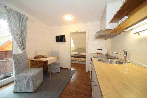 a kitchen with a sink and a counter top at Vila Edelweiss Rooms&App Kranjska Gora in Kranjska Gora