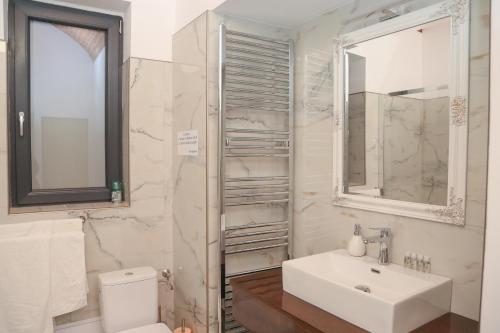 a bathroom with a sink and a toilet and a mirror at ELEGANT ROOMS - ULTRACENTRAL - jacuzzi cu hidromasaj in Oradea