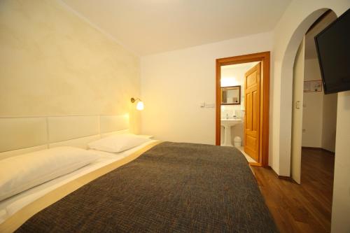 a bedroom with a large bed and a television at Vila Edelweiss Rooms&App Kranjska Gora in Kranjska Gora