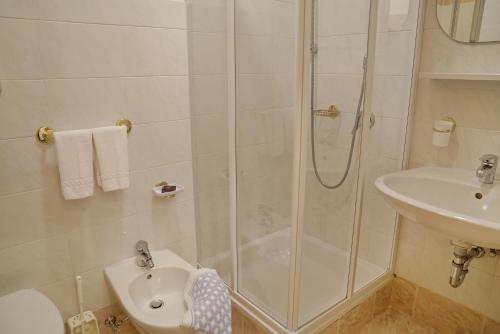 W łazience znajduje się prysznic i umywalka. w obiekcie Piz Alpin B&B w mieście Colfosco