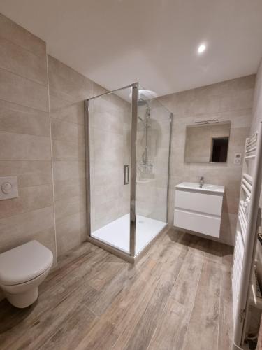 a bathroom with a shower and a toilet and a sink at Maison familiale Bolquère in Bolquere Pyrenees 2000