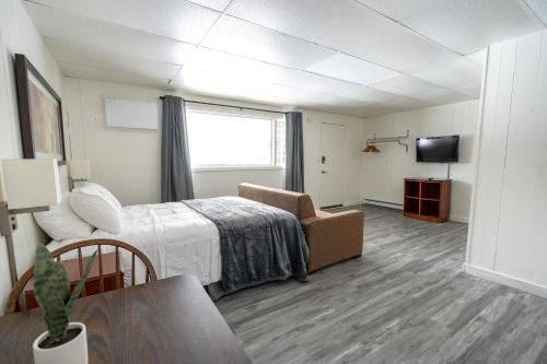 een kamer met een bed, een bank en een tv bij Cuyuna Lakes Stay in Deerwood