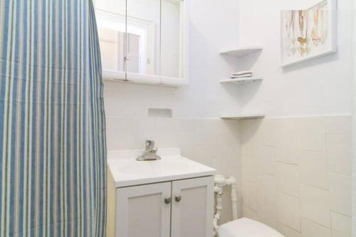 La salle de bains est pourvue d'un lavabo, de toilettes et d'un rideau de douche. dans l'établissement 211-3 Prime Union Square Large 1BR Great value, à New York