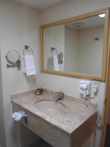 a bathroom with a sink and a mirror at Aranzazu Plaza Kristal Aguascalientes in Aguascalientes